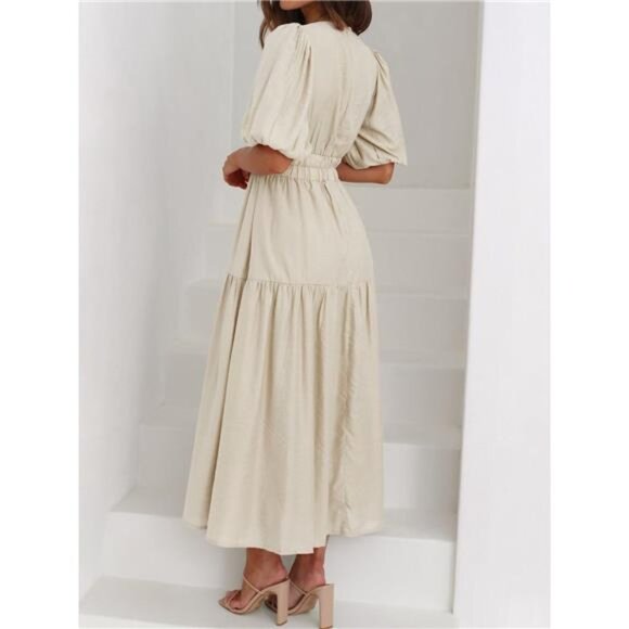 V-Neck Puff Sleeve Midi Dress - Picture 10 of 16